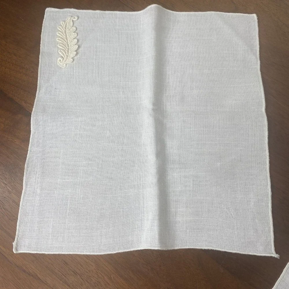 Vintage Ivory Cloth Napkins Linen Embroidered Leaf Applique Tea Towel Set 4
